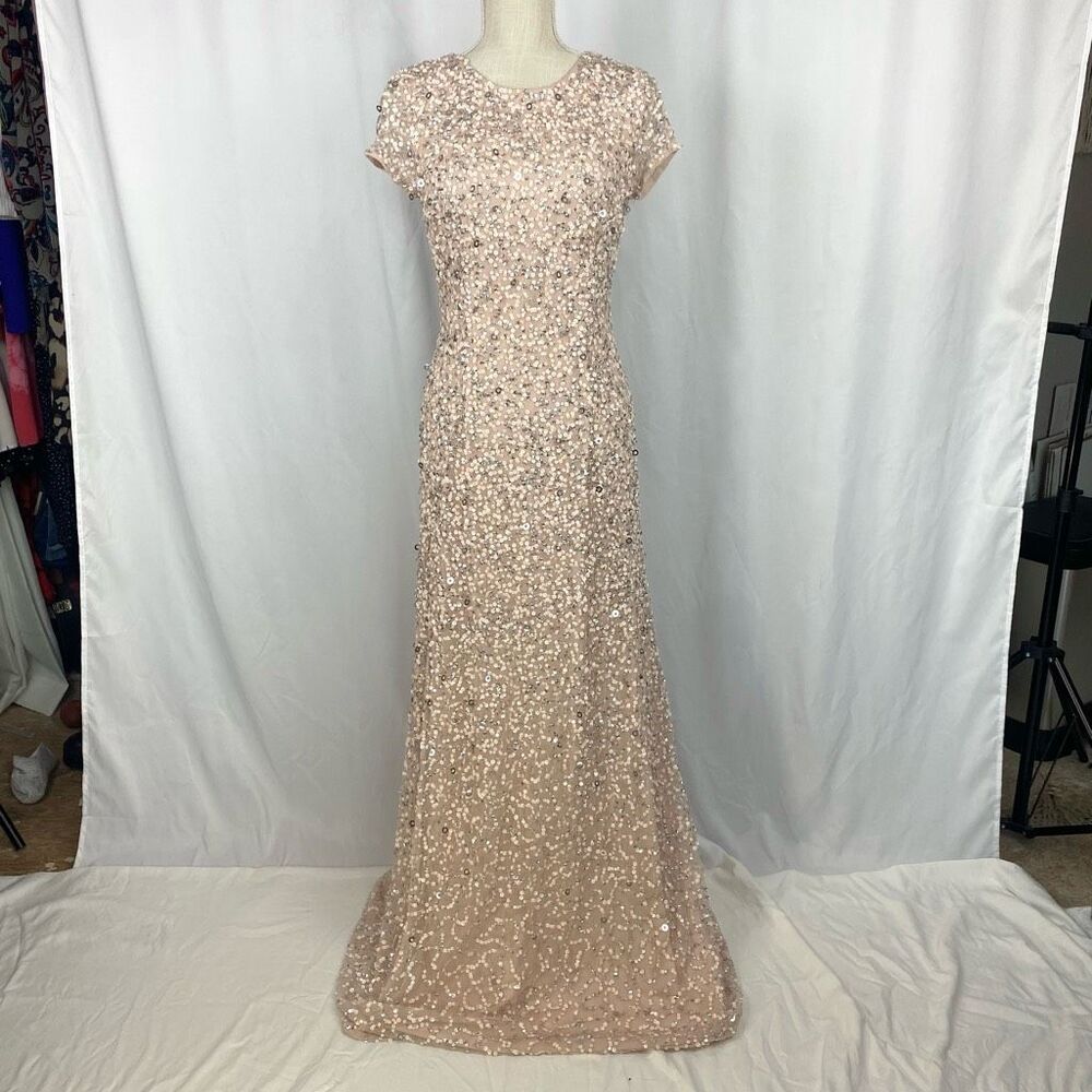Adrianna Papell Women's 8 Short-Sleeve All Over Sequin Gown Maxi Dress Pink/bron